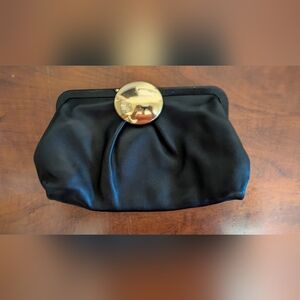 Aimee Black Leather Clutch with Gold Accent and Strap